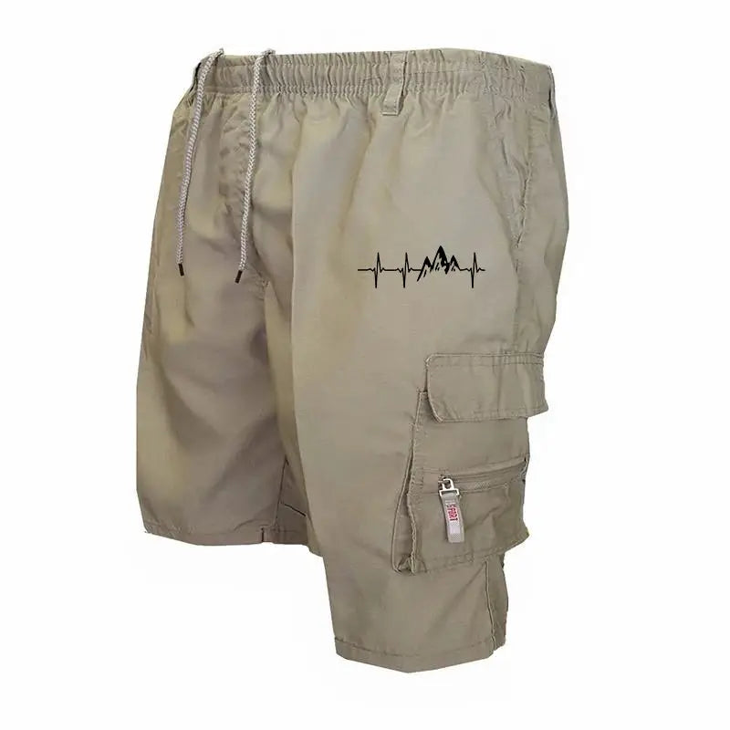 Men's khaki cargo shorts with drawstring, loose fit, multiple pockets, side cargo pocket; casual outdoor streetwear