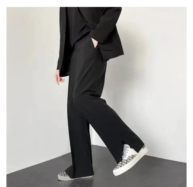 Men's straight baggy casual pants, black, wide-leg style for formal streetwear looks