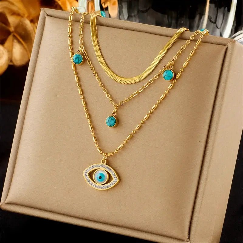 DIEYURO 316L Stainless Steel Butterfly Moon Lock Blue Eyes Pendant Necklace For Women Multilayer Choker Jewelry Gift - Simples Market