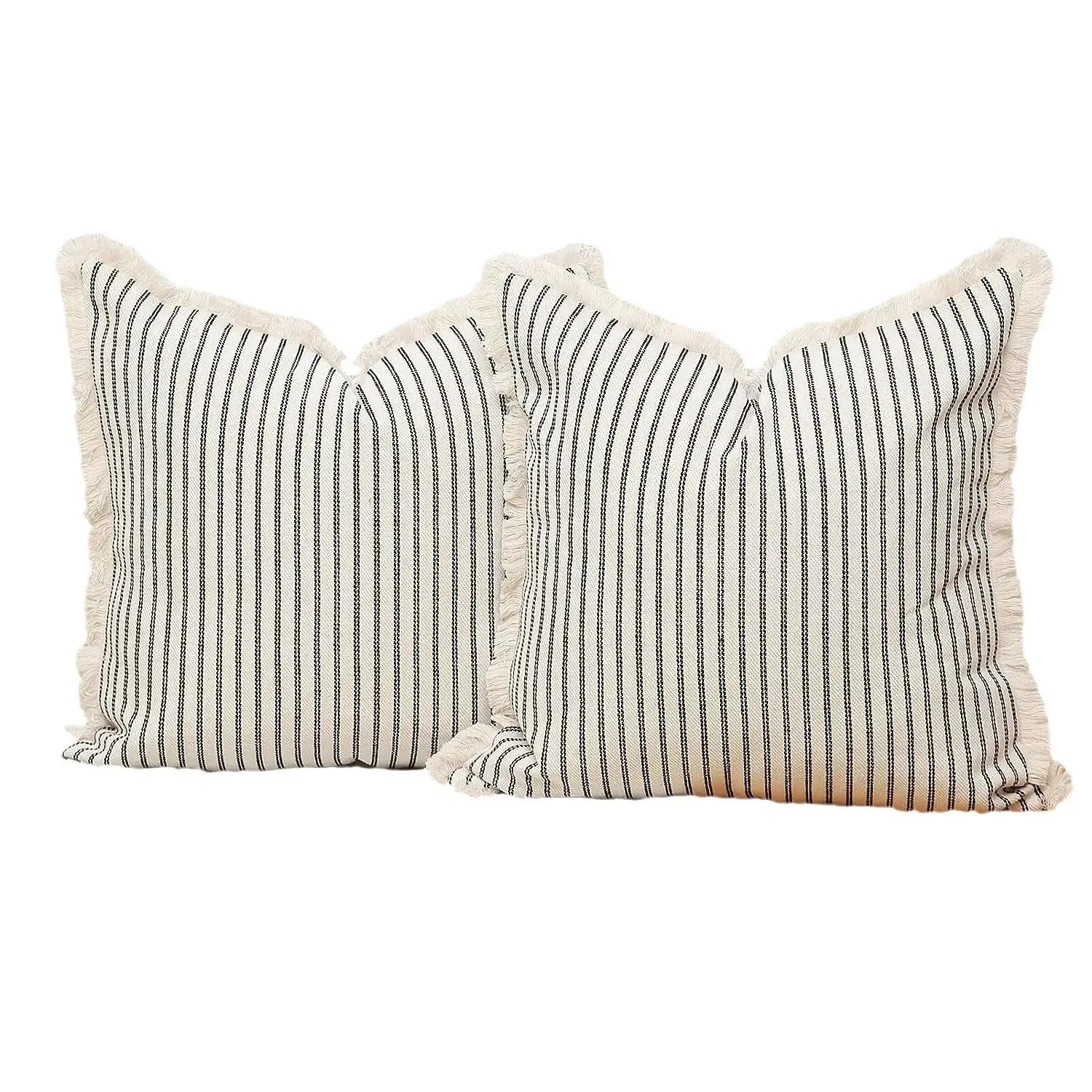 Wool striped cushion covers, square fringe-edge, white with black vertical stripes, set of 3