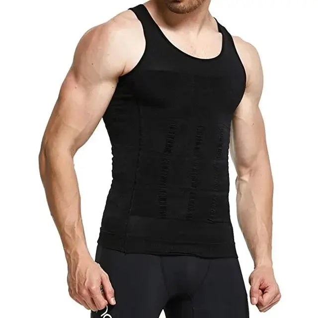 Men's black slimming vest with waist-cinching panels and compressive torso fit.