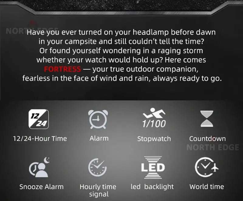 North Edge Fortress 2026 digital watch with LED backlight, 12/24-hour time and world time; 50m waterproof.