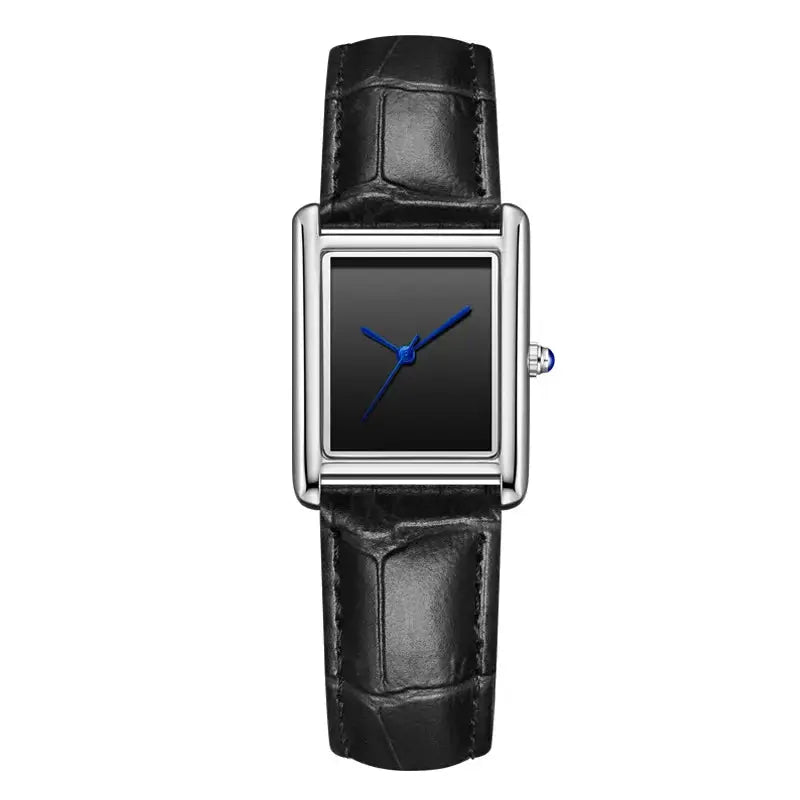 Wristwatch by Simples Market with black leather strap, rectangular silver case and blue hands