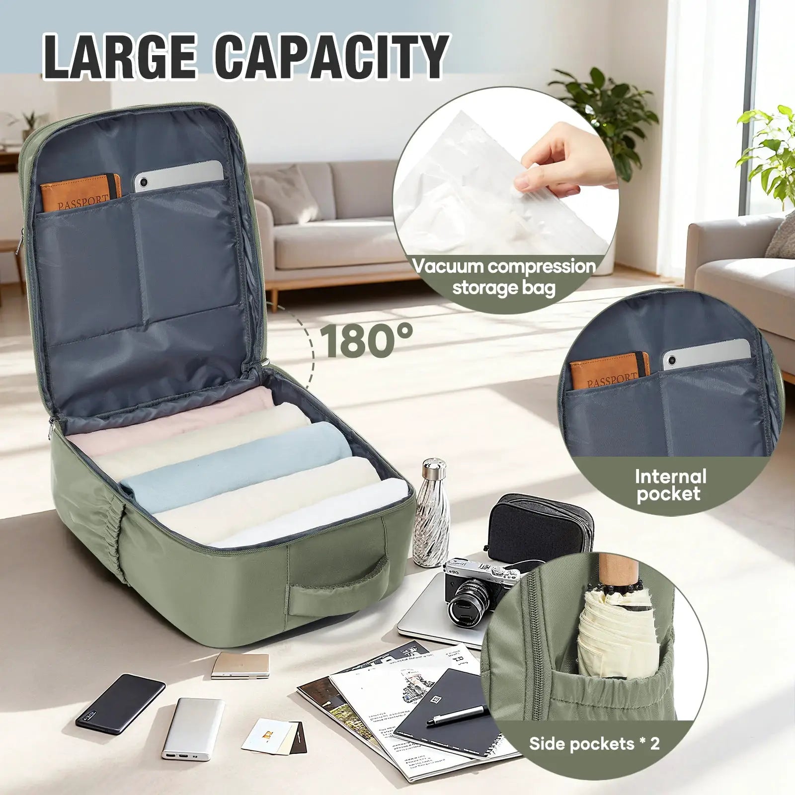 Simples Market cabin travel backpack 40x30x20 in olive green with internal pockets and 15.6-inch laptop sleeve
