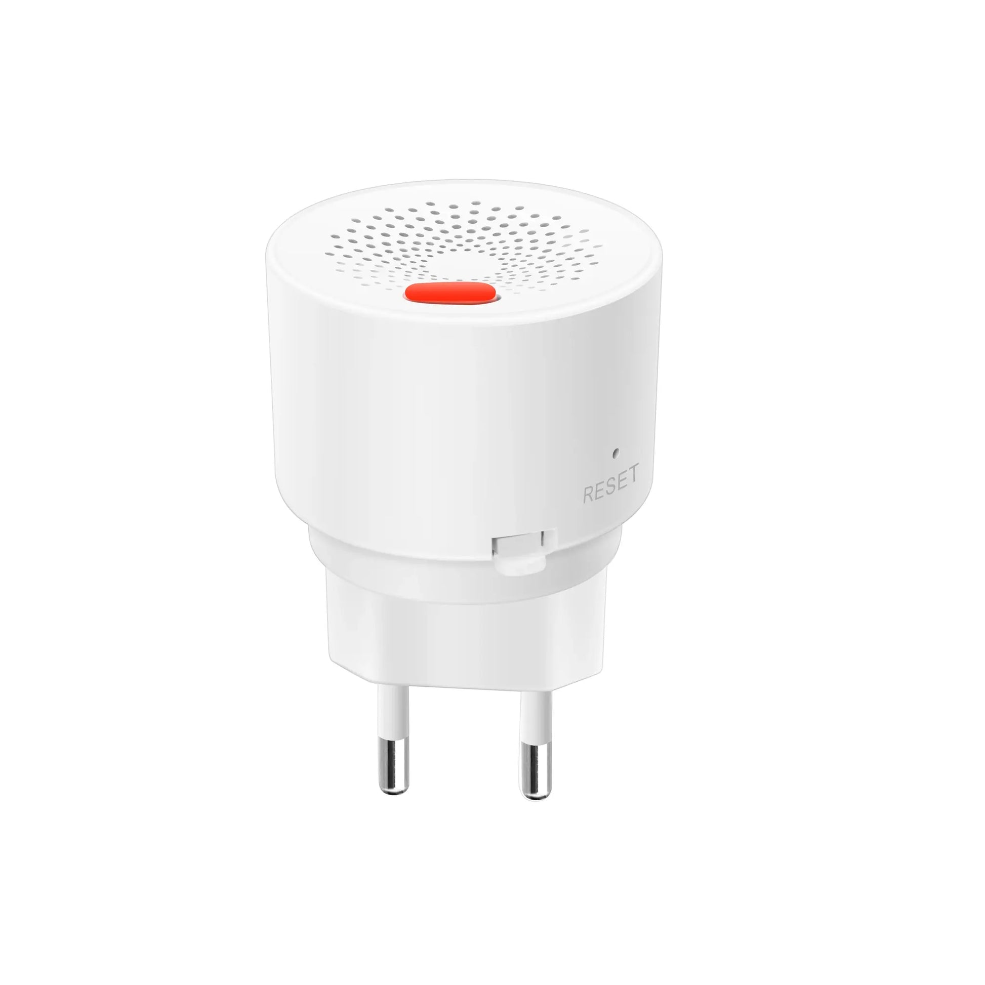 Gas leak detector by Simples Market, white cylindrical device with red button and perforated top for sensor vents.