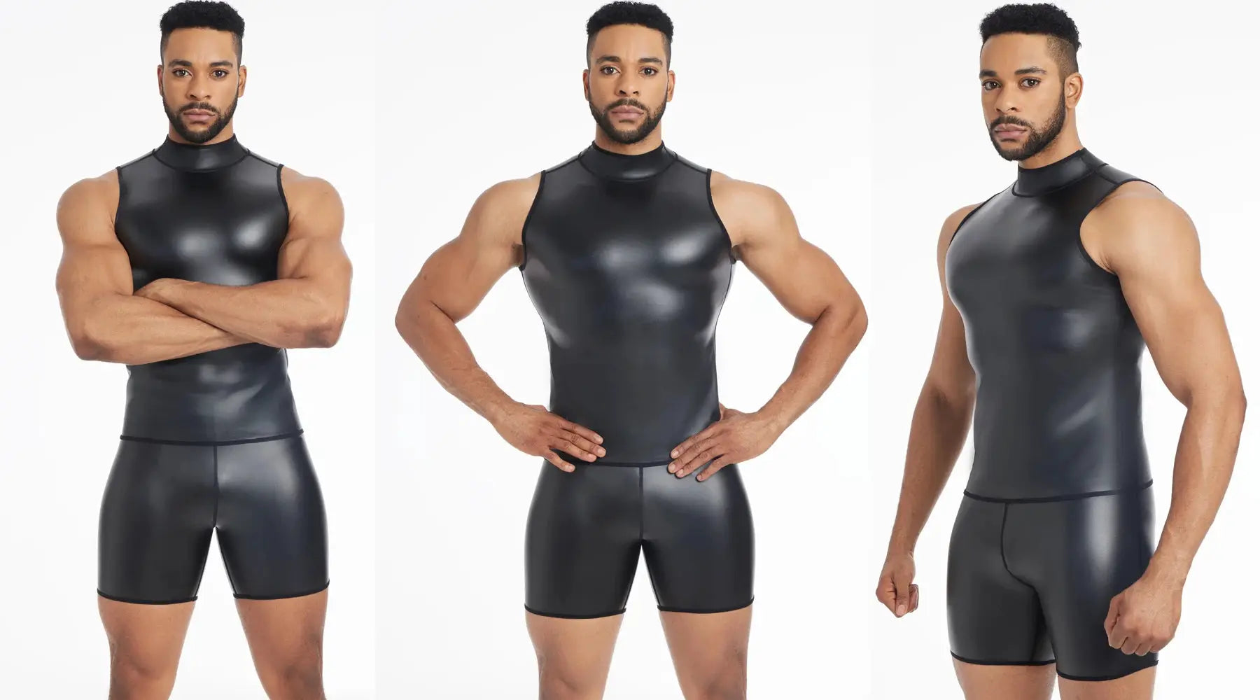 Men's black leather stand-collar sleeveless top with matching shorts, Simples Market, three-panel image