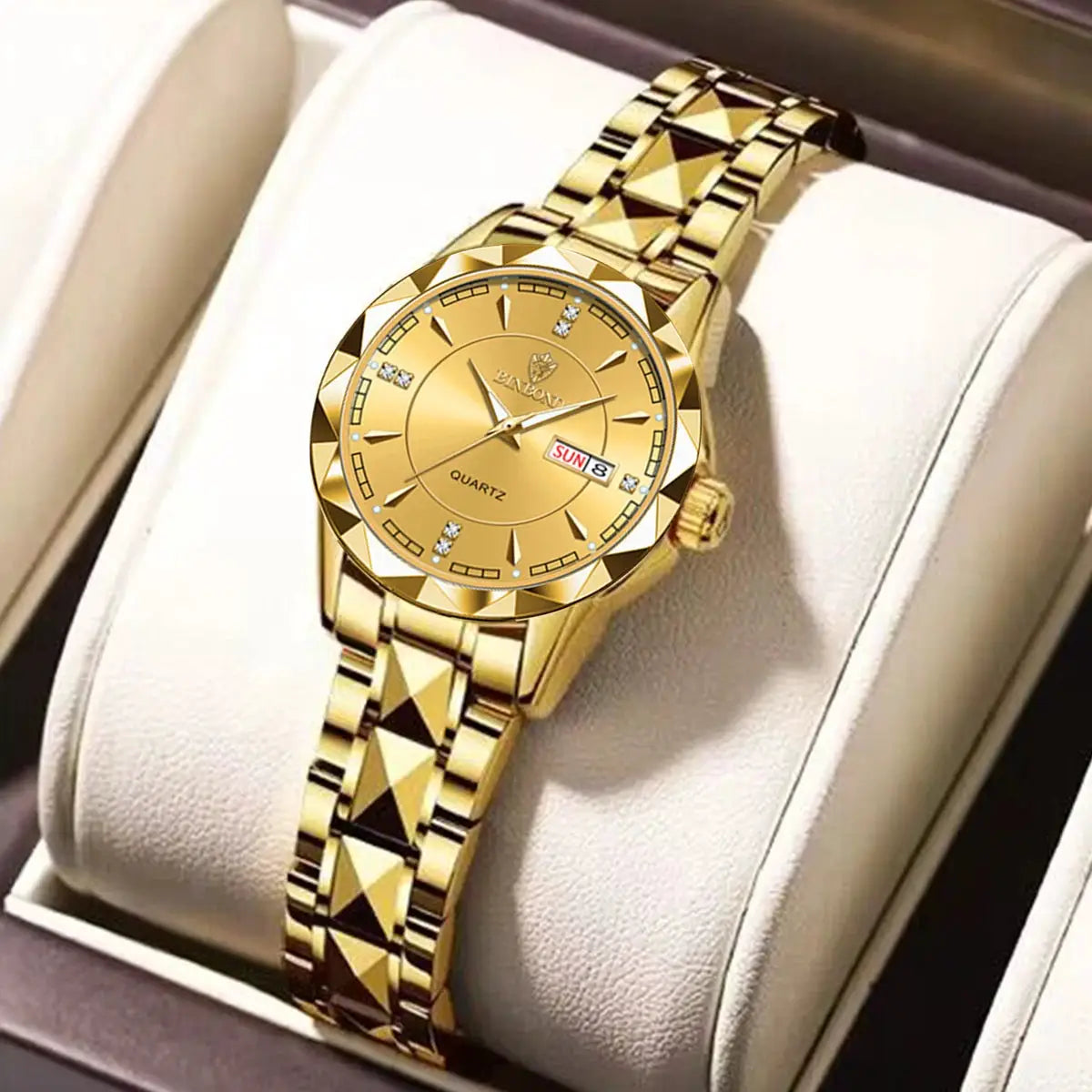 BINBONG gold-tone women's luxury quartz wristwatch with stainless steel bracelet and date window