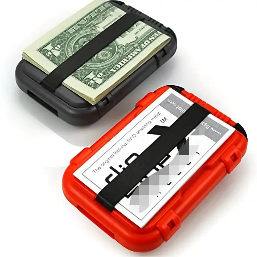 Metal RFID-block minimalist wallet by Simples Market; ultra-thin aluminum clip, black and red (2) with cash and cards