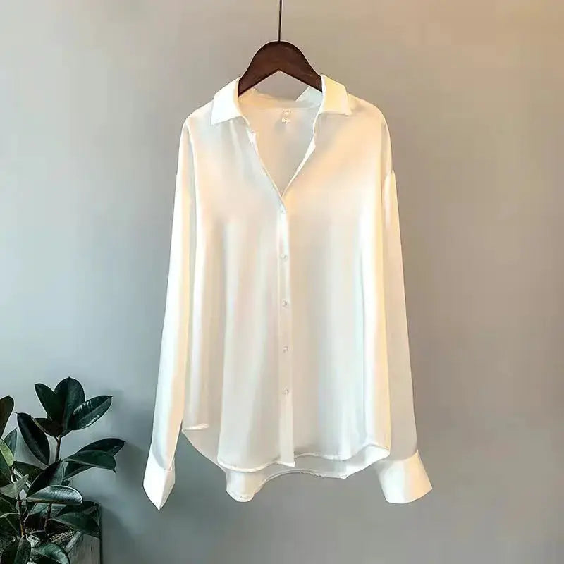Aurora Couture Satin Blouse For Women All Season Comfort Button Front For Office And Casual Wear