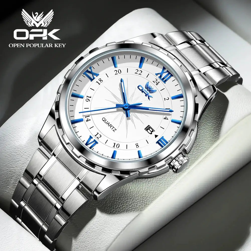 OPK Brand Steel Belt Dual Calendar Mens Quartz Watch 6003 Dual Calendar Display Stainless Steel Case