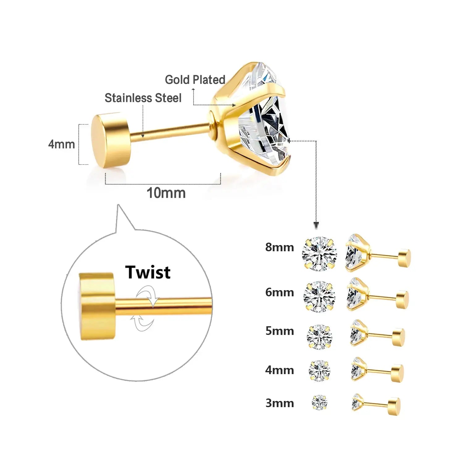 Simples Market LUXUSTEEL gold-plated stainless steel tragus crystal stud earrings, 8mm cubic zirconia, 2 pcs