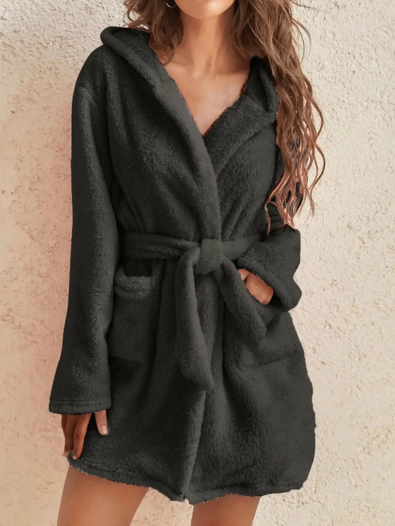 CozyNest Womens Hooded Fleece Robe Belted Knee Length For Autumn And Winter Warmth And Comfort