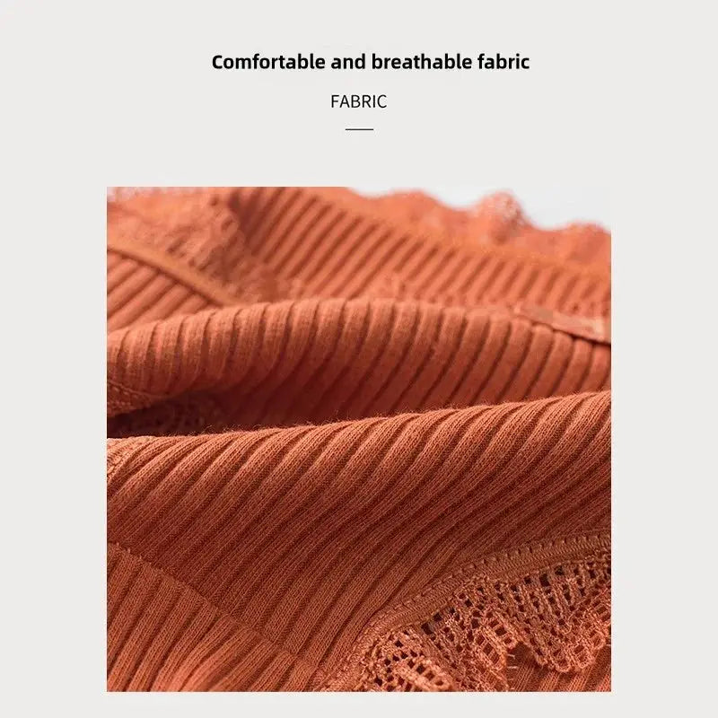 Rust-orange lace-trim bikini panty fabric with ribbed knit texture