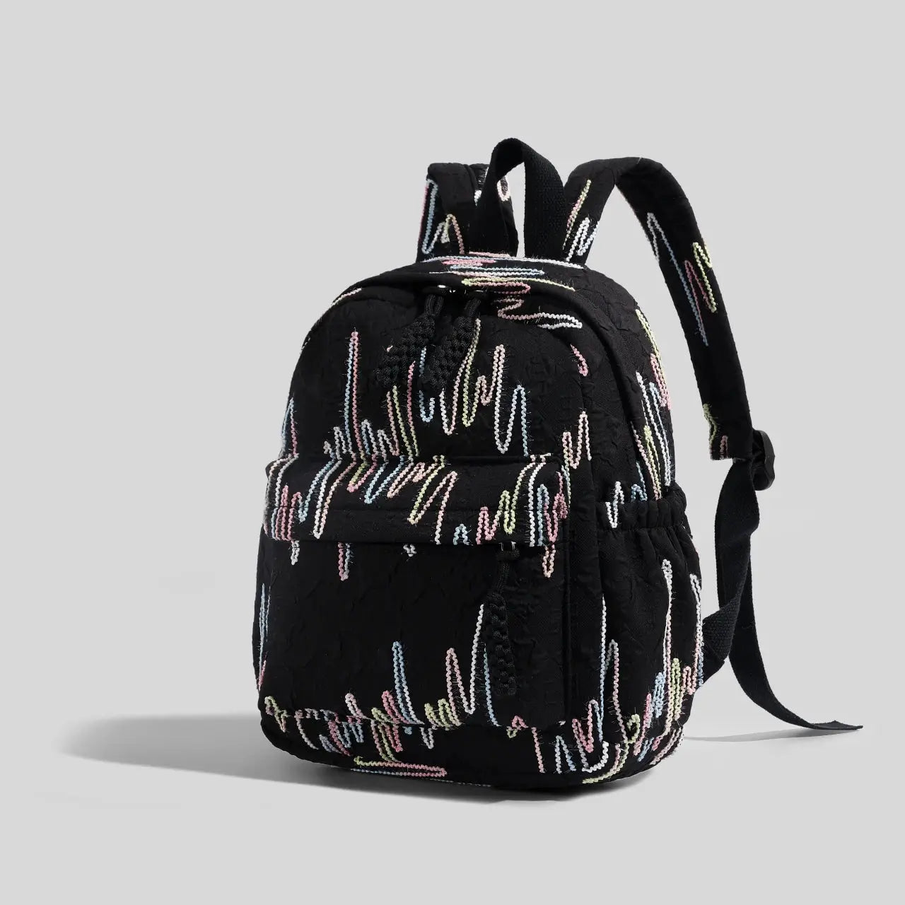 Simples Market Women's mini backpack, black quilted fabric with multicolor embroidery, adjustable straps, zipper.