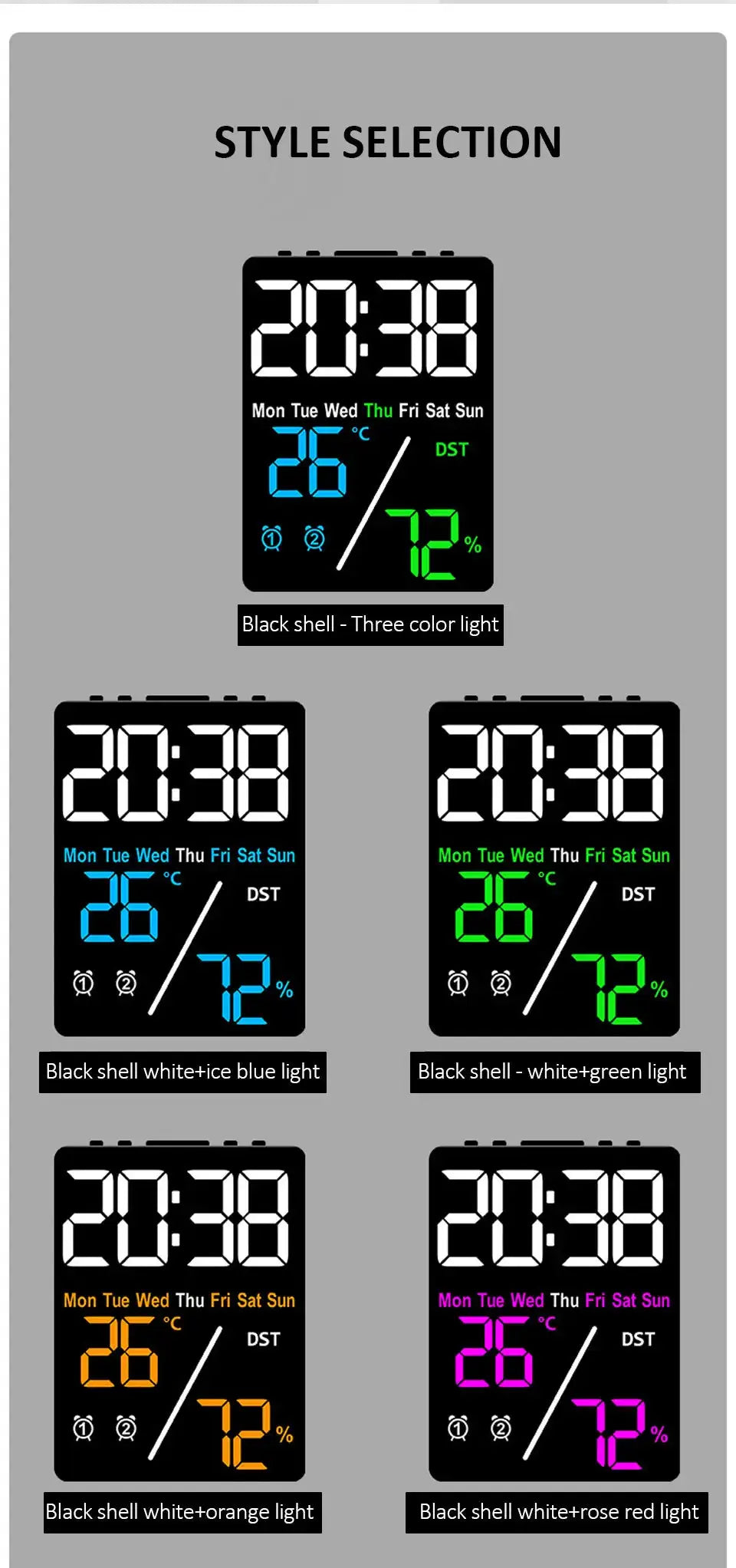 Simples Market multifunctional large-screen desk clock with humidity display and adjustable brightness six color options