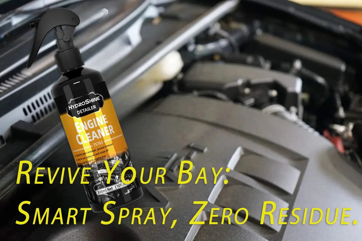 Hydroshine Engine Cleaner spray bottle by Simples Market, black bottle with yellow label, in car engine bay