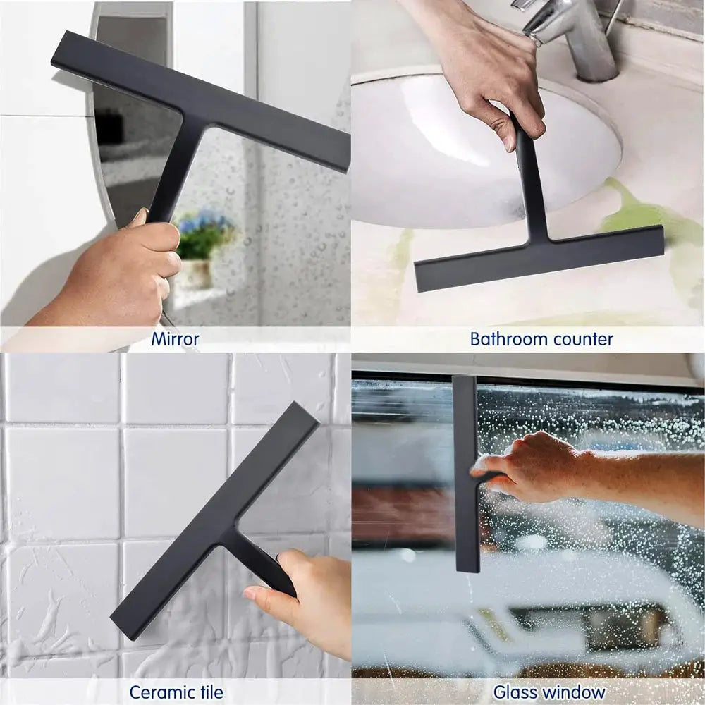 Simples Market shower squeegee with silicone holder, black T-bar design for glass doors, mirrors and tiles