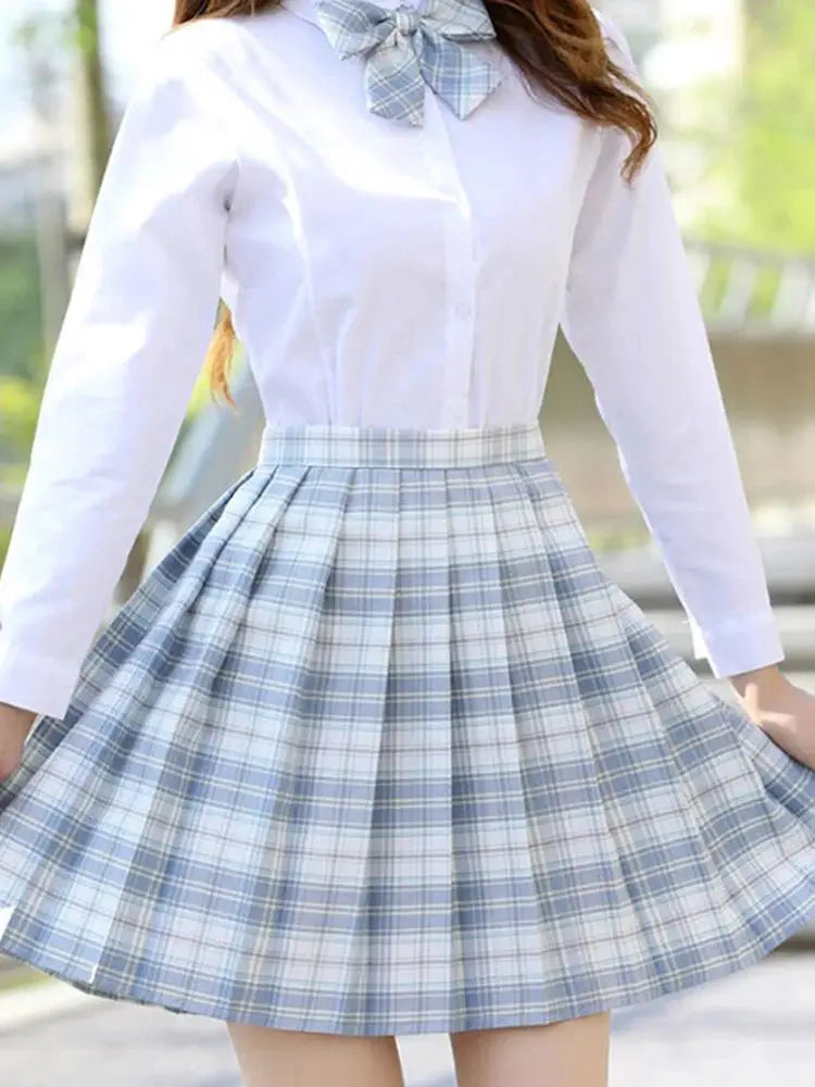 ZOKI plaid pleated high-waist skirt for women in light blue checks