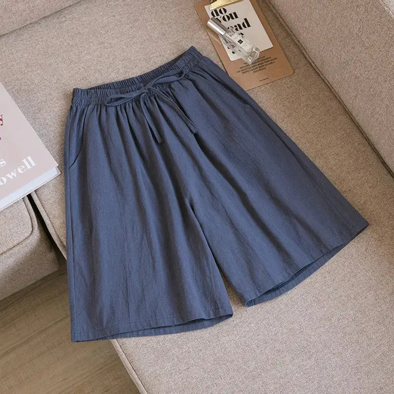 Simples Market women's cotton shorts, navy blue, drawstring waist with two pockets, loose fit