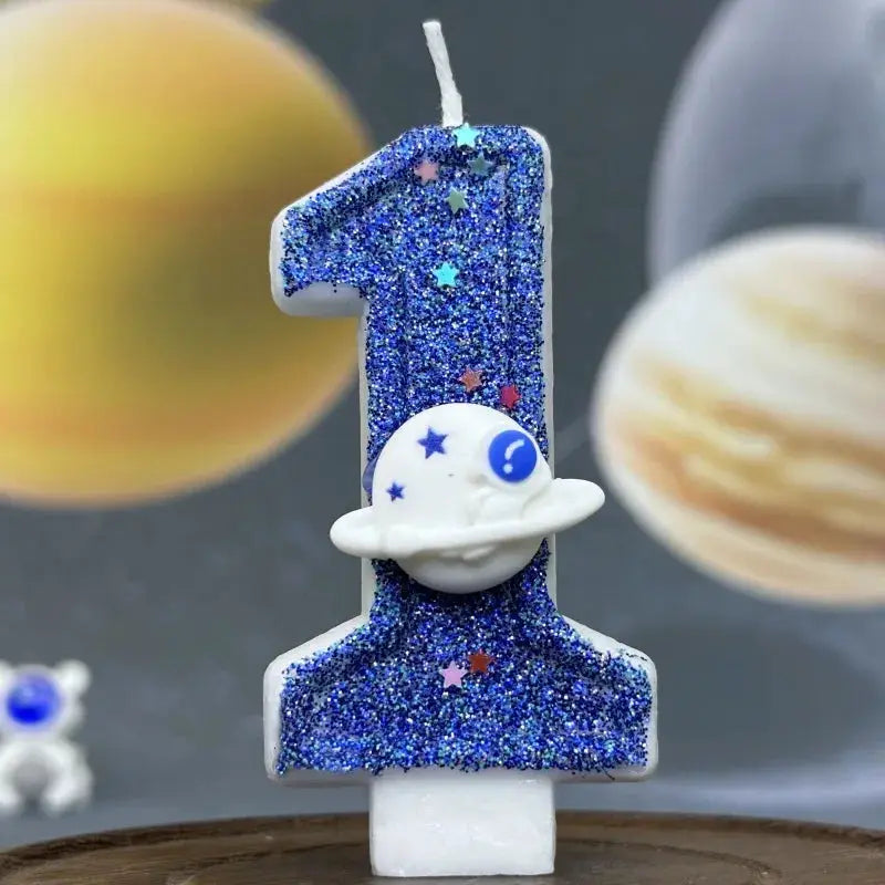 Planet Themed Spaceship Digital Candle 0 To 9 Dark Blue Birthday Cake Decoration For Outer Space Party