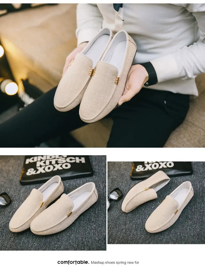 Men beige canvas slip-on loafers; casual yet refined loafers for formal weddings and events, versatile everyday wear