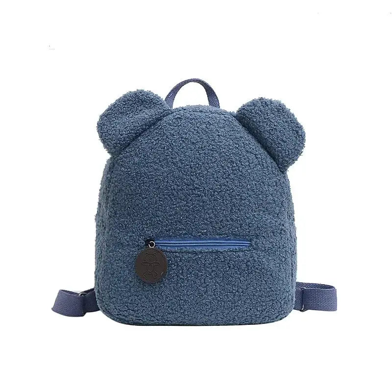 Blue fleece bear-ear backpack for kids by Simples Market, small daypack with front zip pocket.