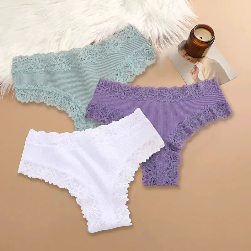 3-pack women's cotton panties with floral lace trim in blue, lavender, and white