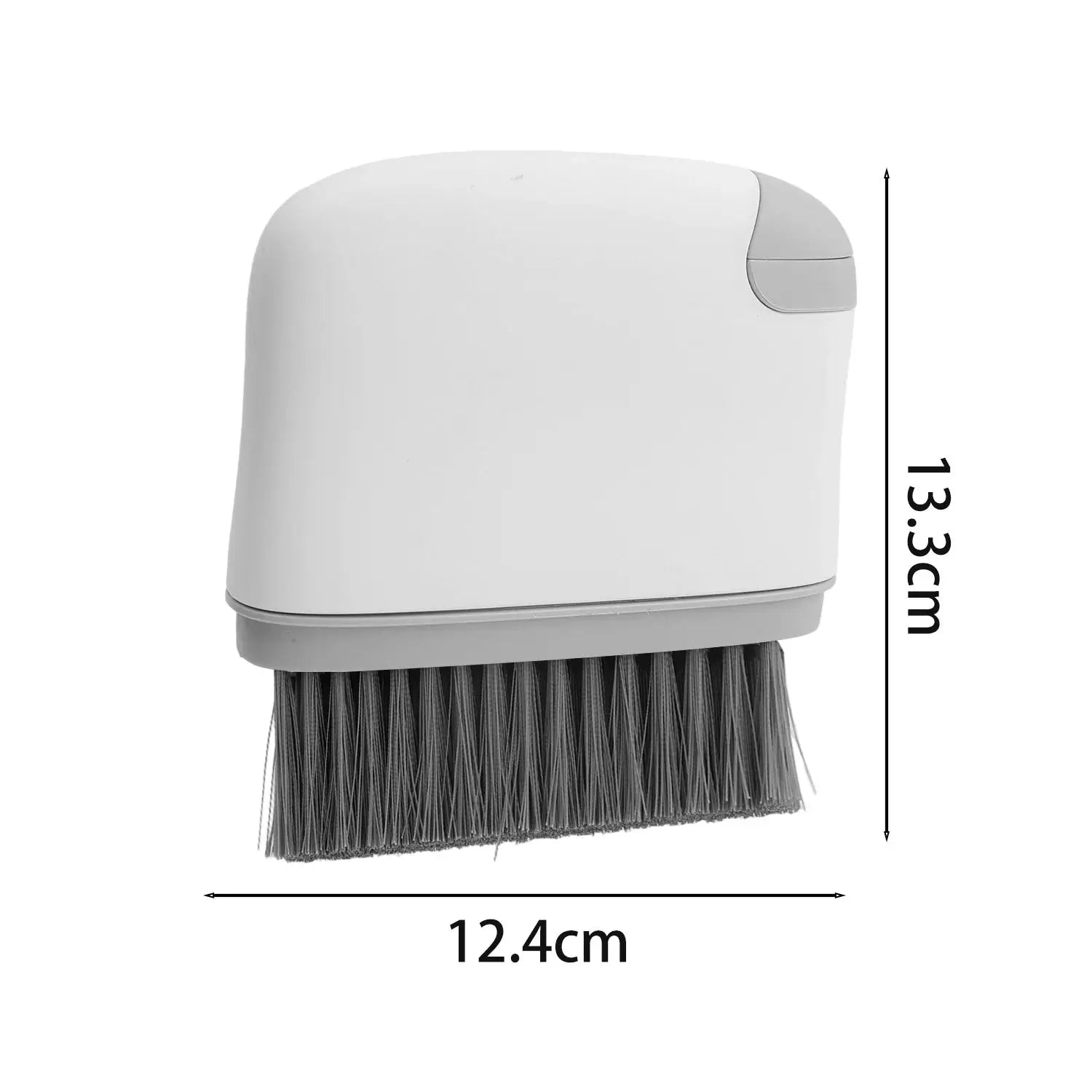 2-in-1 window cleaning brush with white plastic body and black bristles; measures 12.4 cm wide by 13.3 cm tall.