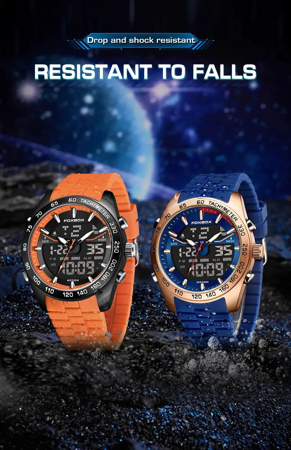 FOXBOX luxury digital men's wristwatches; orange strap with black dial and blue strap with rose-gold bezel, 2 watches