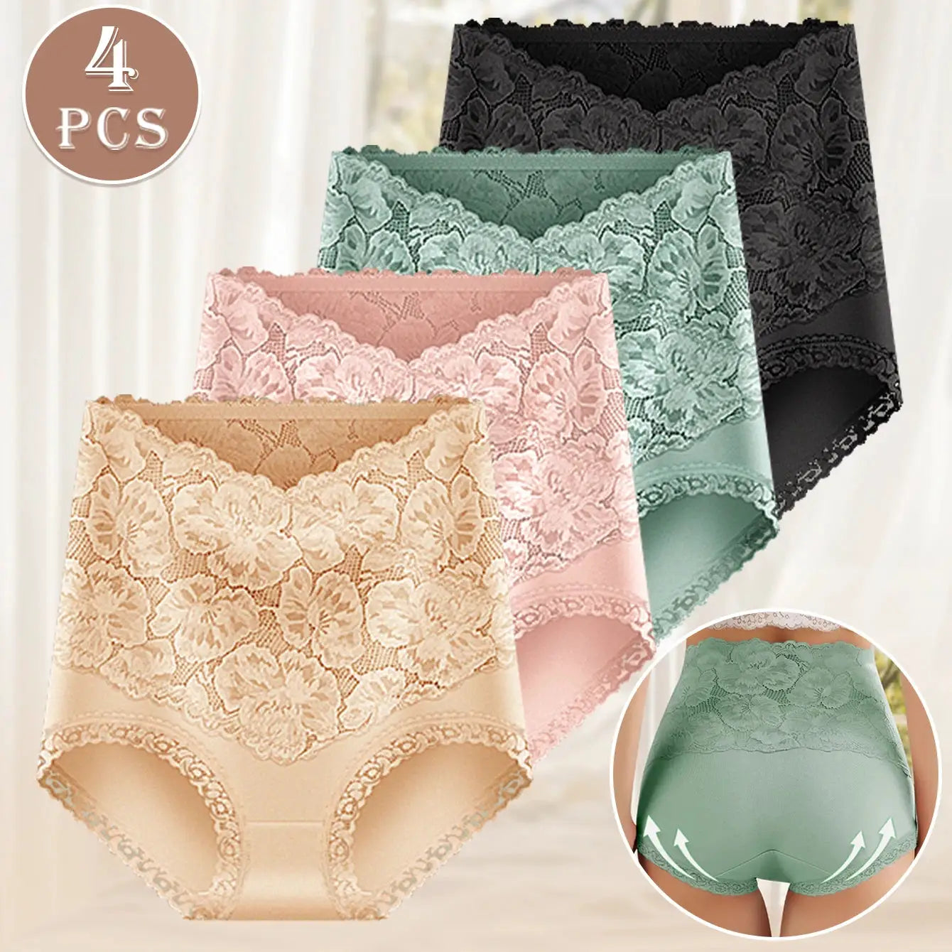 Simples Market 4-piece high-waisted lace panties set in beige, pink, mint, green and black; soft cotton.