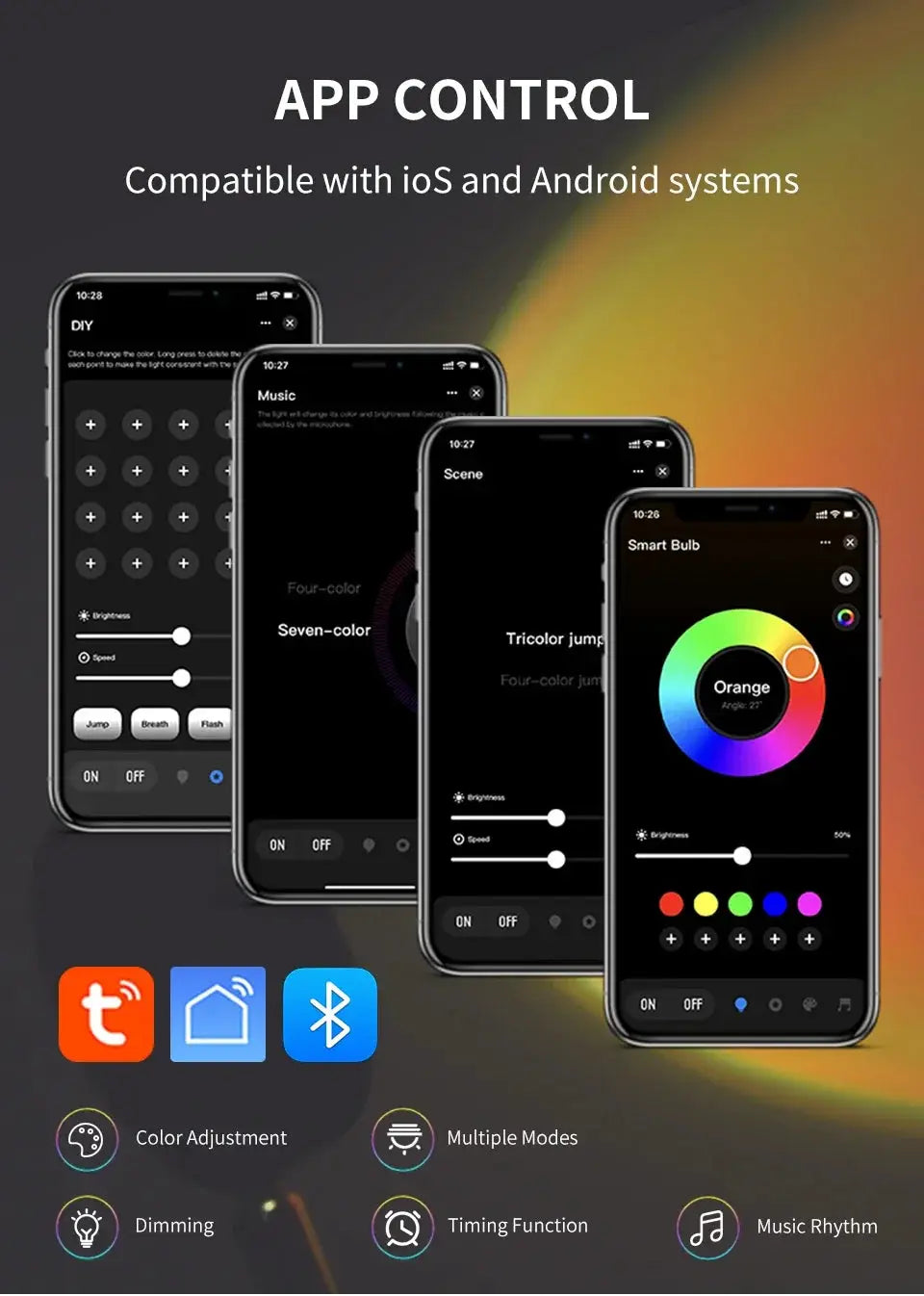 Smart Sunset Lamp by Simples Market; USB RGB projector lamp with app control shown on four smartphones
