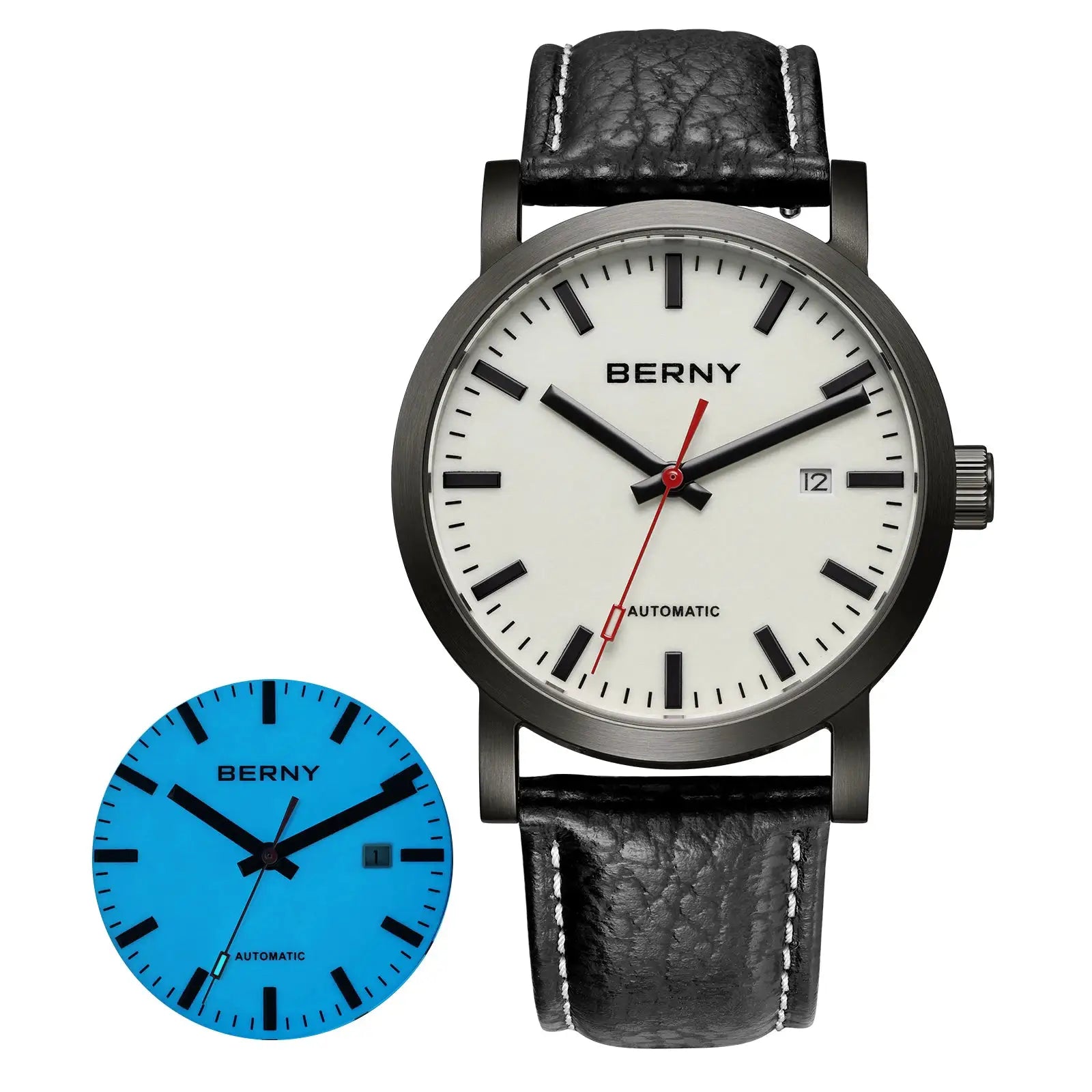 BERNY men's automatic wristwatch with white dial, black case and black leather strap; blue variant shown (3 watches)