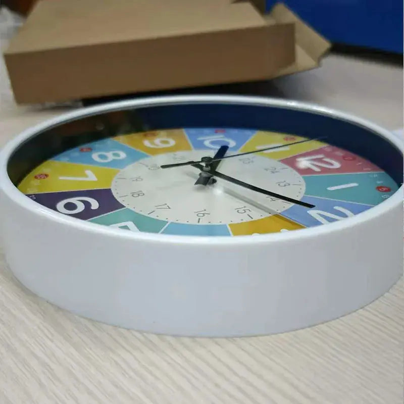 Simples Market Silent Teaching Time Clock for Kids, 8-inch white plastic wall clock with colorful dial