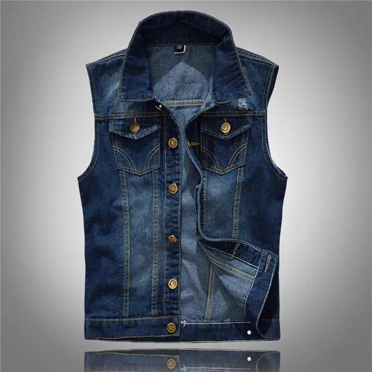 Men's denim sleeveless vest in blue denim with brass buttons and chest pockets
