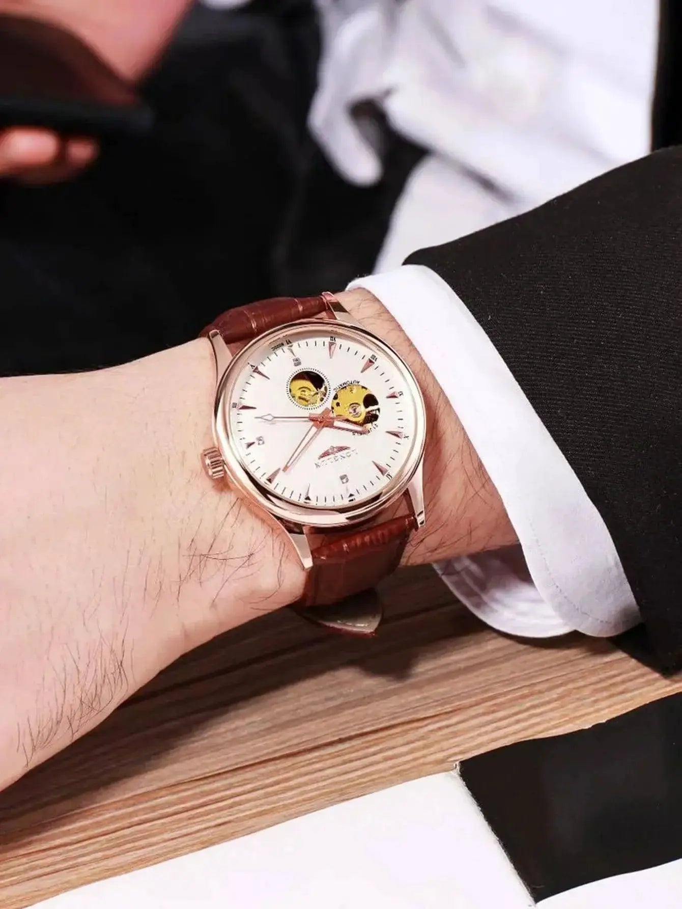 Automatic skeleton watch by Simples Market, rose-gold case, white dial, brown leather strap