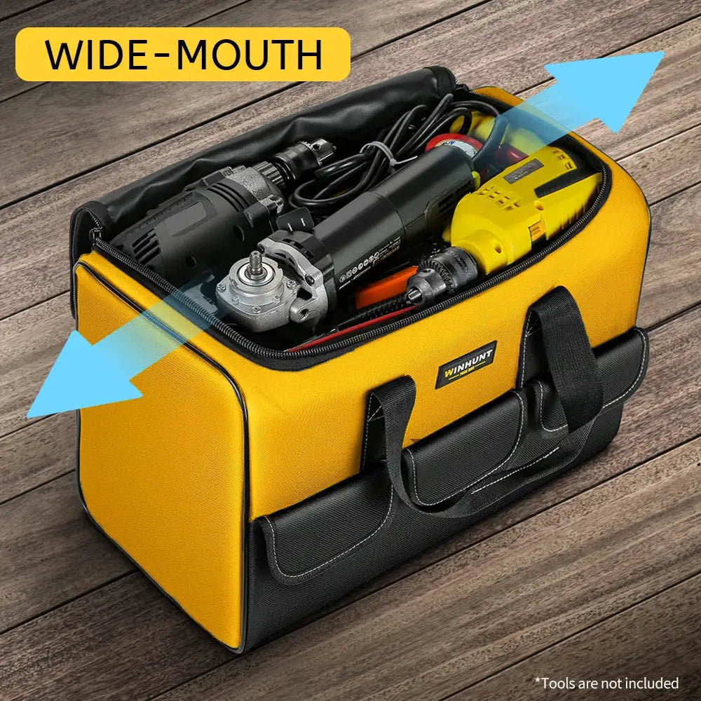 WinHunt 17 Inch Tool Bag in yellow and black with 6 exterior pockets, open top showing drill and accessories