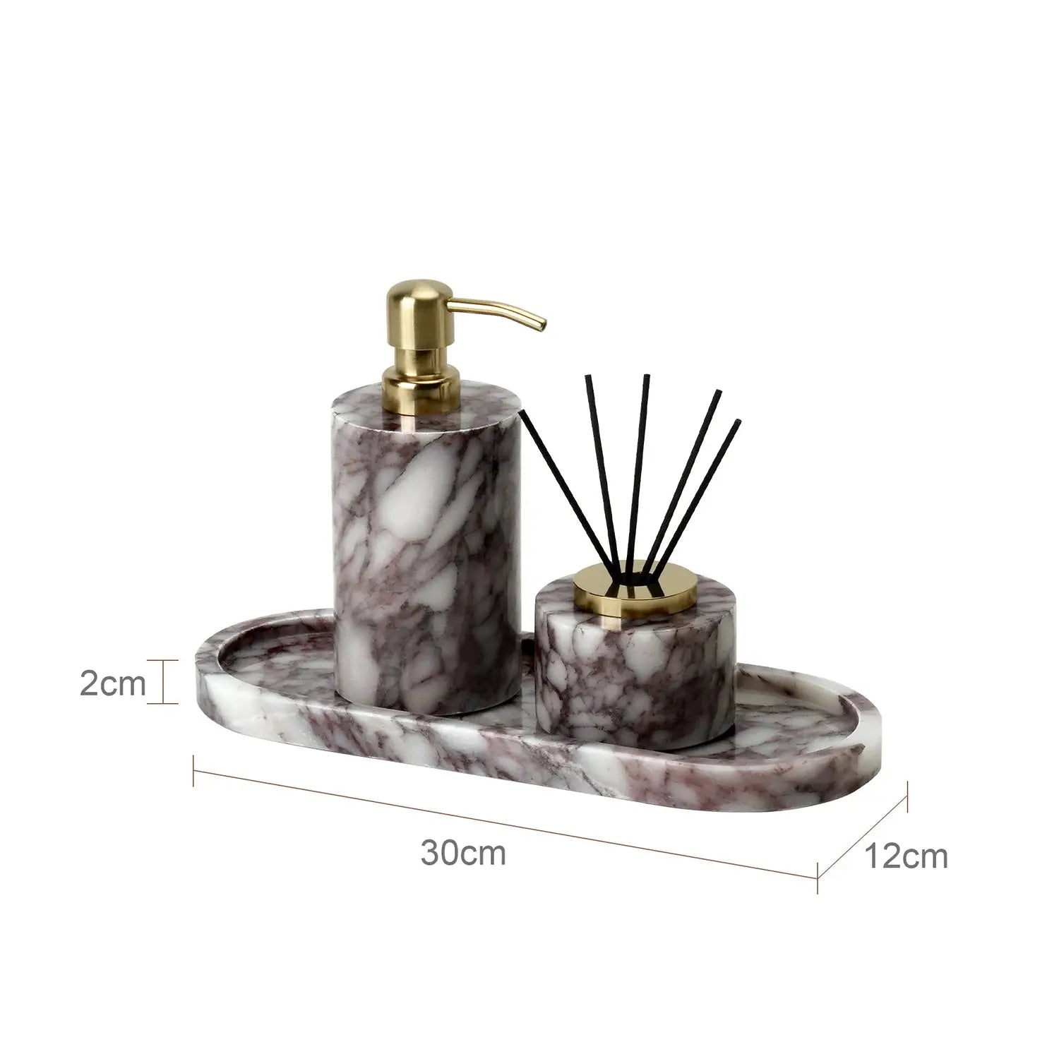 Calacatta Viola violet marble bathroom set with soap dispenser, cotton-swabs jar, and tray with gold accents
