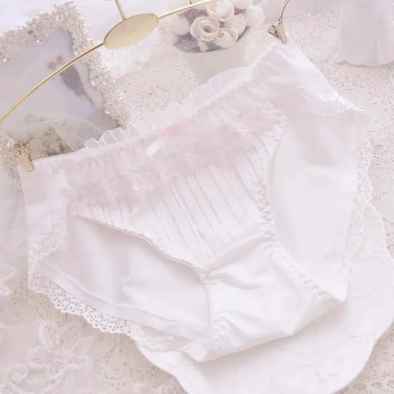 Cotton ruffle panties by Simples Market, white lace trim with bow, breathable high-elasticity women's underwear