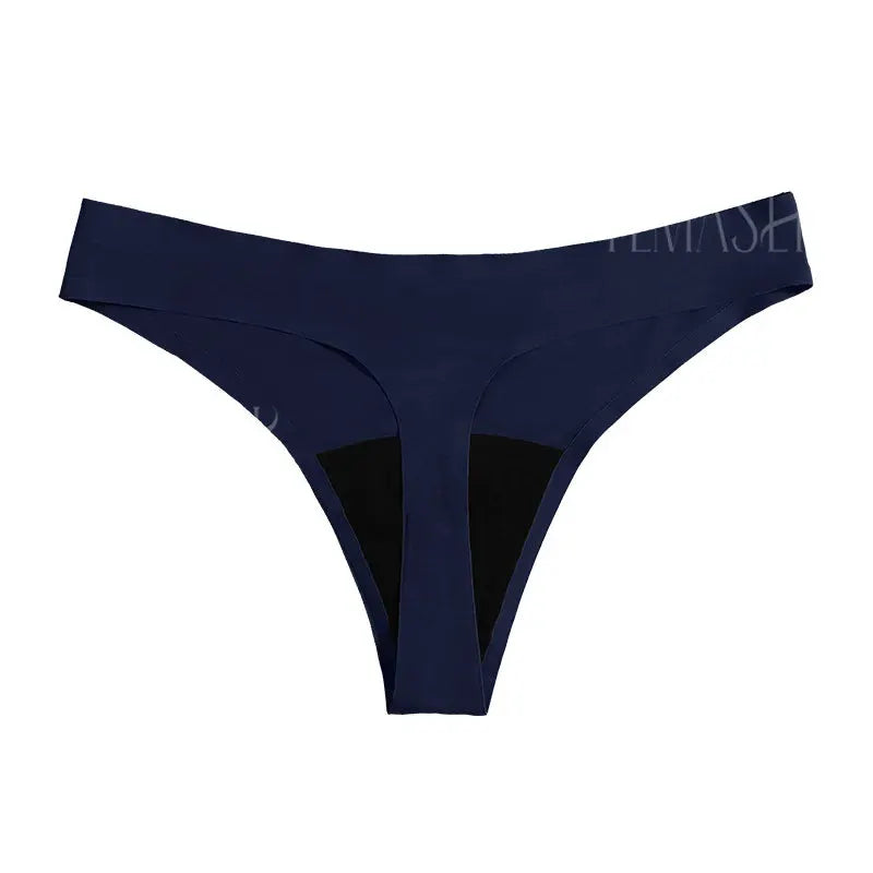 Navy blue seamless low-waist menstrual thong panty with black inner panels