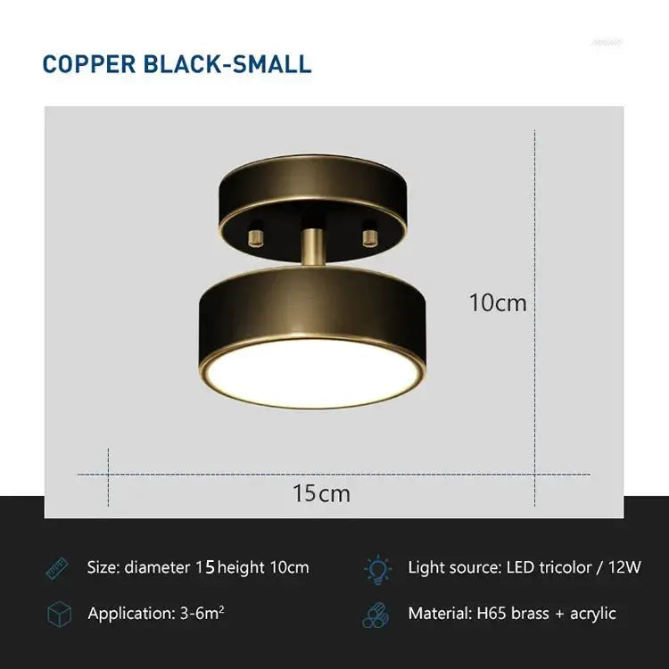 LED ceiling light copper-black, small round fixture by Simples Market, 15 cm dia × 10 cm high, brass + acrylic