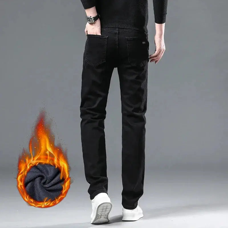Men's black fleece-lined denim jeans with a straight stretch fit by Simples Market.