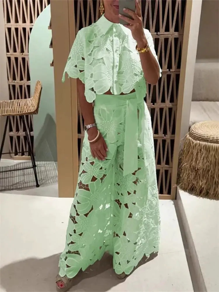 Women Hollow Out Two Piece Wide Leg Pants Set Lace Casual Style