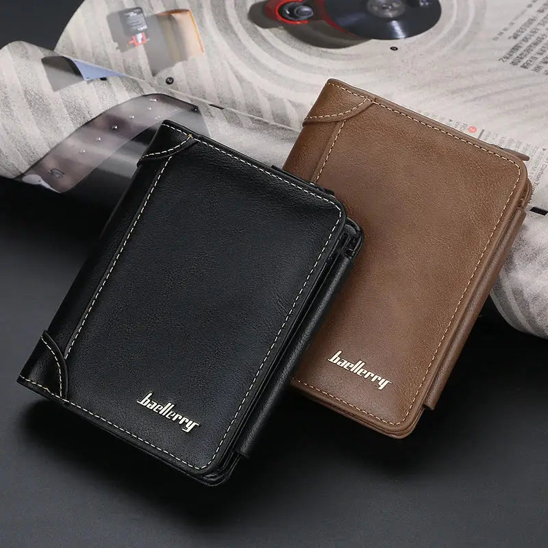Baellerry PU leather men's wallets, black and brown with contrast stitching and zipper coin pocket; set of two