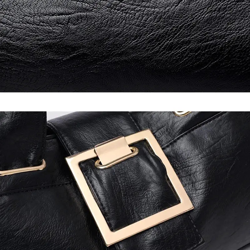 Women’s leather top-handle bag in black with gold-tone square buckle, large capacity