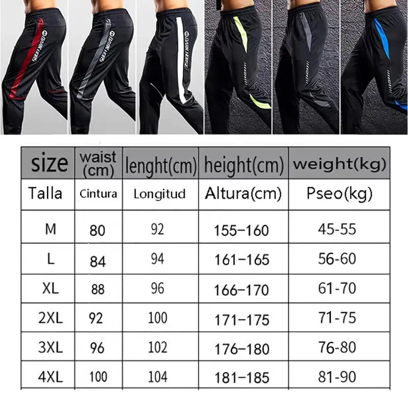 Men's sport pants by Simples Market with zipper pockets, shown in 6 color variants; size chart included.