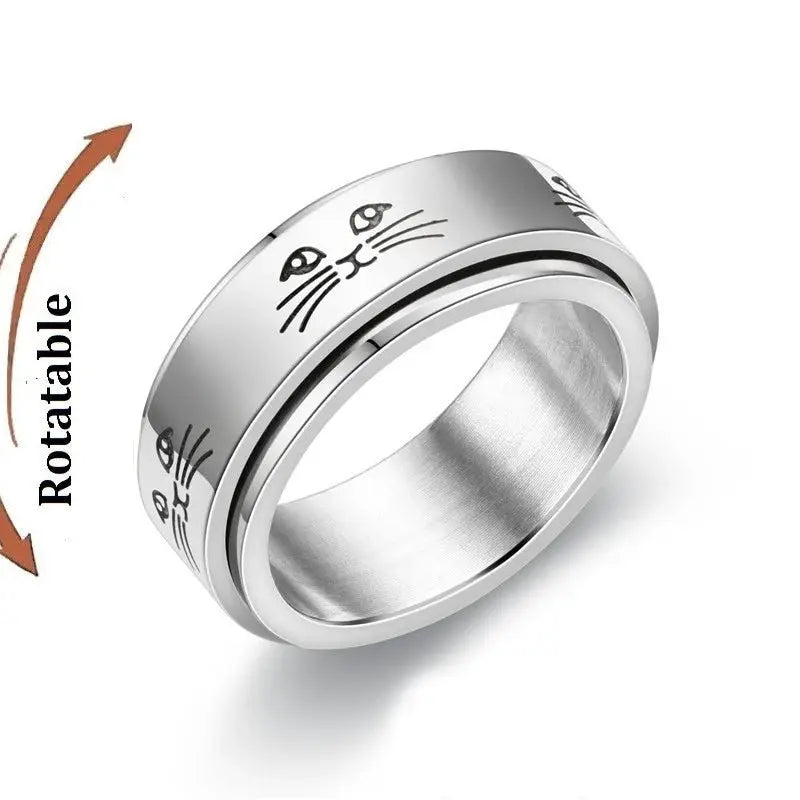 Stainless steel rotating spinner ring with cat-face engravings for men and women