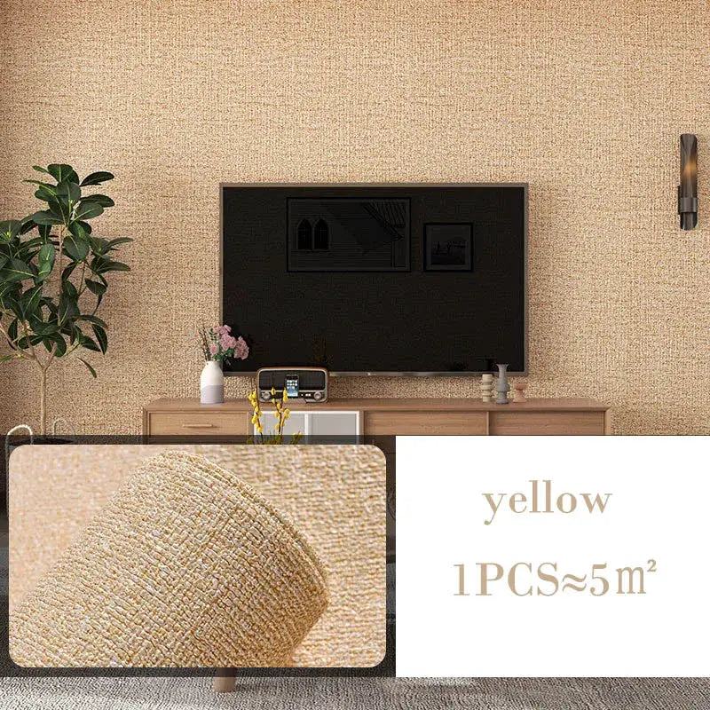 Self-adhesive 3D thickened thermal insulation wallpaper roll in yellow linen texture, 10m length