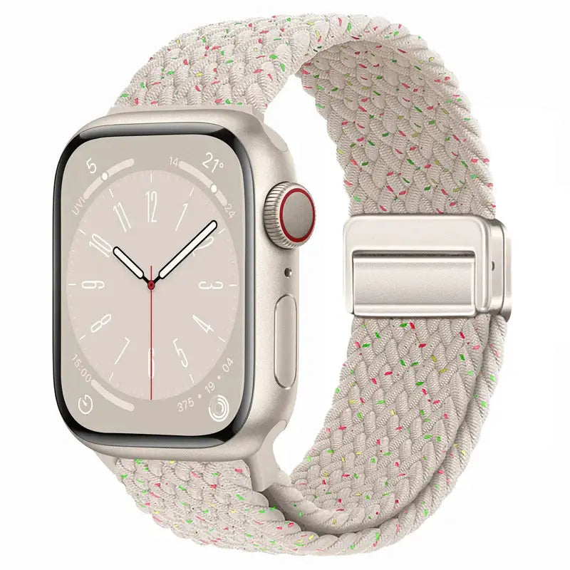 Braided nylon Apple Watch strap with magnetic clasp, beige with colorful specks, fits 38–49mm watches.