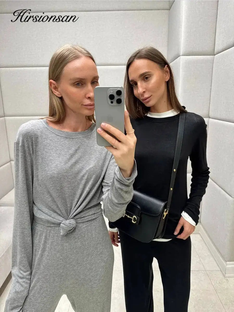 Hirsionsan Modal Soft Loose Set Women Long Sleeve Top High Waist Pants