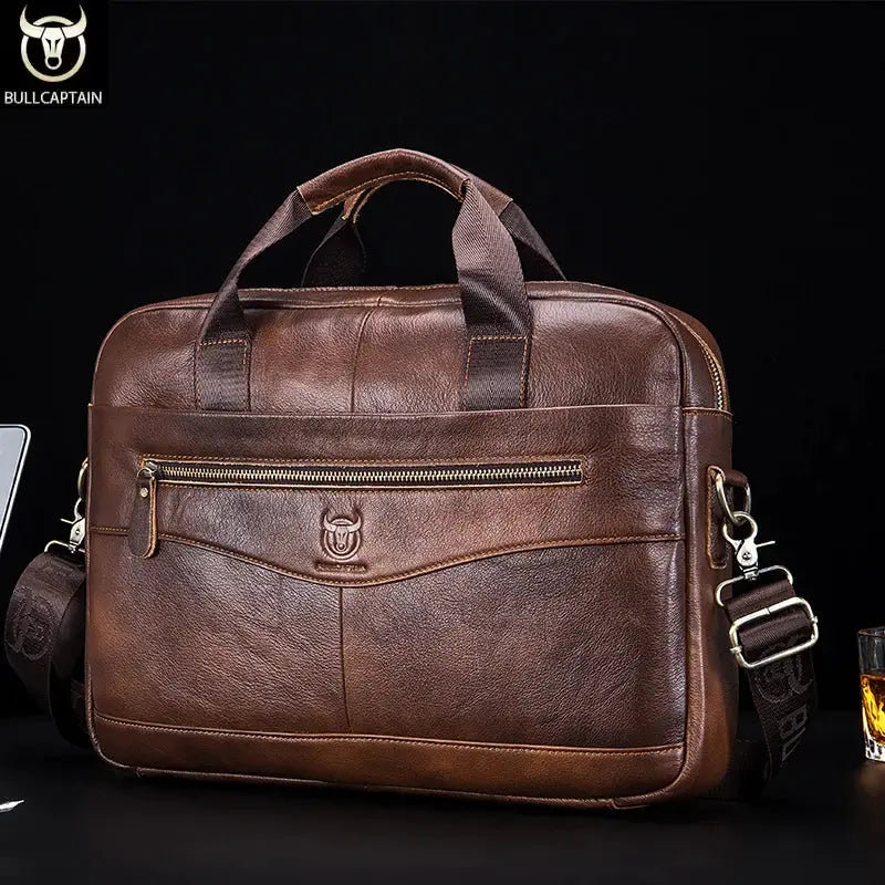 BullCaptain Leather Briefcase Messenger Bag for Men 14 Inch Laptop Compatible Genuine Cowhide for Office Professional